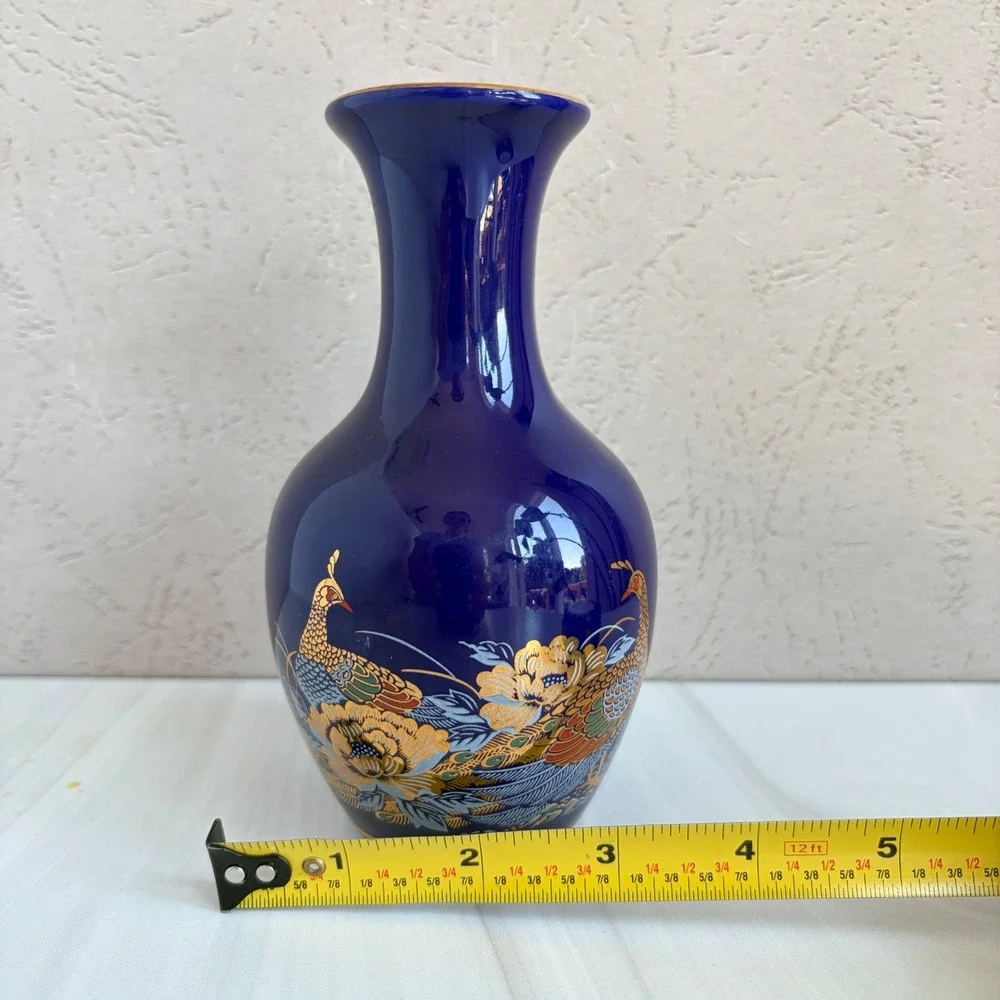 Cobalt Blue Porcelain Peacock Floral Bud Vase with Gold Trim 6.25